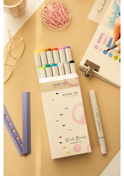 12’li Çift Uçlu Alkol Bazlı Marker Kalem Seti – Brush + Chisel