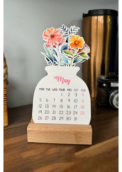 2026 Ingilizce Çiçekli Masa Takvimi, Ahşap Standlı Masa Takvimi Yeni Yıl Hediyesi Takvim
