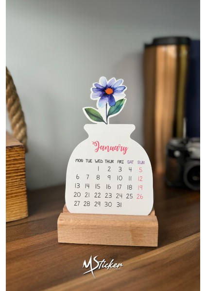 2026 Ingilizce Çiçekli Masa Takvimi, Ahşap Standlı Masa Takvimi Yeni Yıl Hediyesi Takvim modelleri