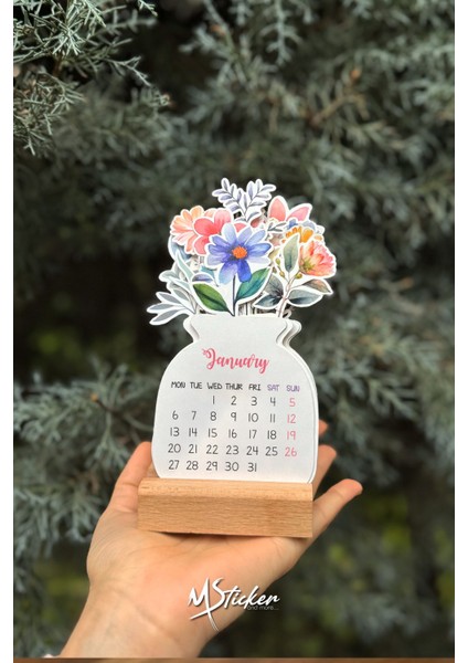 2026 Ingilizce Çiçekli Masa Takvimi, Ahşap Standlı Masa Takvimi Yeni Yıl Hediyesi Takvim fırsatları