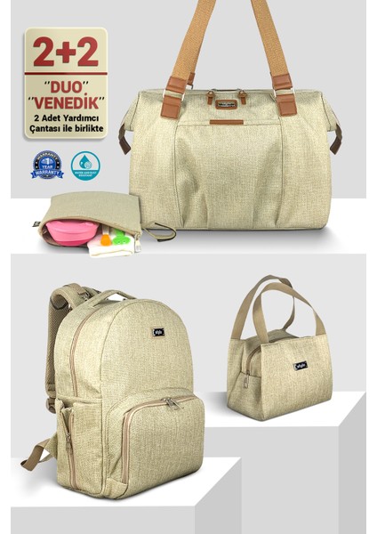 Anne Bebek Bakım Kadın Omuz Çantası Venedik & Duo Anne Bebek Bakım Sırt Çantası Takım-Bej