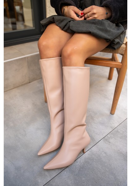 Polka Nude Deri Kadın Sivri Burun Düz Çizme