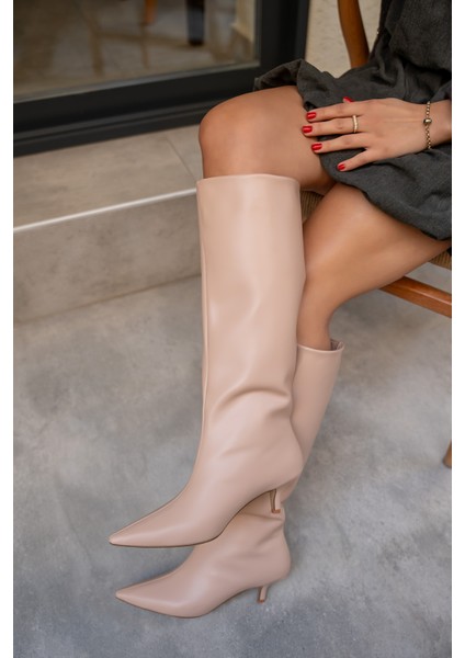 Polka Nude Deri Kadın Sivri Burun Düz Çizme fiyatları