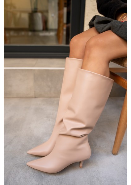 Polka Nude Deri Kadın Sivri Burun Düz Çizme modelleri