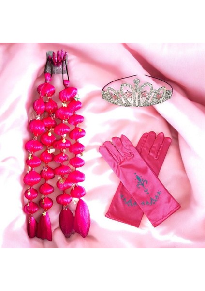 Baribii Prenses Pembe Buble Tokalı Saç + Prenses Taç + Pembe Eldiven Doğum Günü Parti Düğün Seti