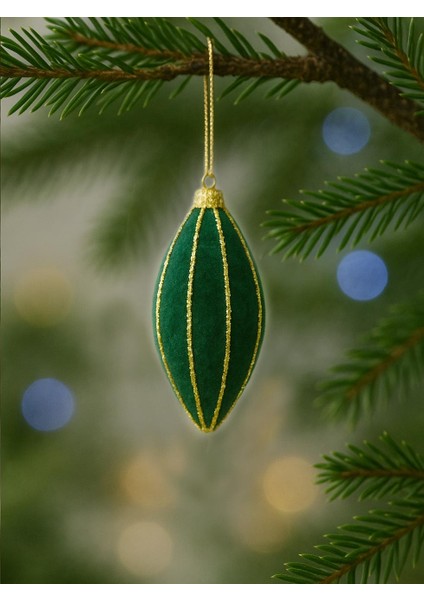 Yılbaşı Ağaç Süsü Simli Kadife Damla Sarkıt Dekoratif Süs Yeşil 12 cm 3'lü