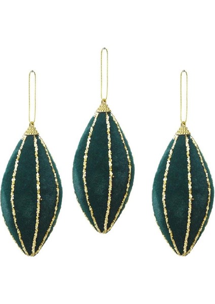 Yılbaşı Ağaç Süsü Simli Kadife Damla Sarkıt Dekoratif Süs Yeşil 12 cm 3'lü modelleri