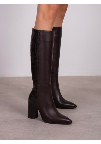 Florin Kahve Hakiki Deri Kadın Çizme