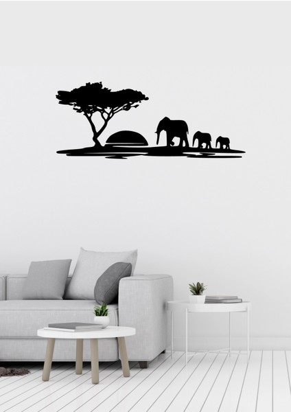 Fil Ağaç Günbatımı Figürlü Dekoratif Metal Duvar Süsü