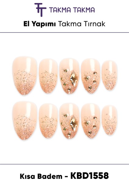 10'lu Ten Kısa Badem KBD1558 Tekrar Kullanılabilir El Yapımı Protez Takma Tırnak Ten Rengi-M