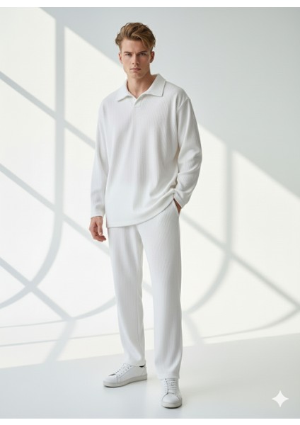 Unisex Fitilli Gömlek Yaka Uzun Kol Cepli Beli Lastikli 2'li Takım