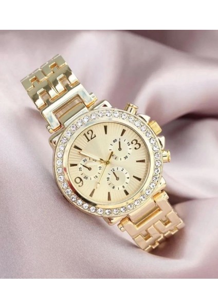 Zarif ve Şık Özel Tasarım Zirkon Taşlı Metal Bayan Kol Saati (Gold) ( Lisinya )