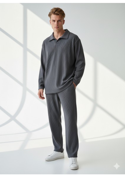 Unisex Fitilli Gömlek Yaka Uzun Kol Cepli Beli Lastikli 2'li Takım