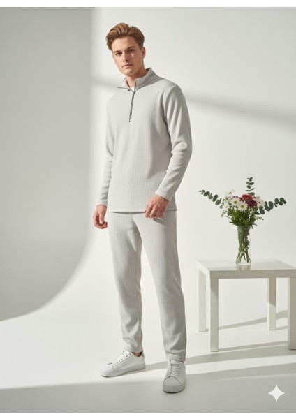 Unisex Fitilli Gömlek Yaka Fermuarlı Cepli Beli Lastikli Triko Alt Üst Takım