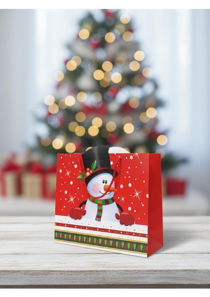 Yılbaşı Temalı Kardan Adam Desenli Hediye Çantası – Kırmızı 35X28X12 CM