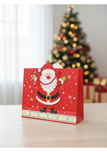 Yılbaşı Temalı Noel Baba Desenli Hediye Çantası – Kırmızı 35X28X12 CM