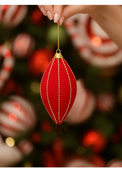 Kadife Yılbaşı Ağaç Süsü – Altın Boncuk Detaylı Damla Dekoratif Süs Kırmızı 8 cm 3'lü
