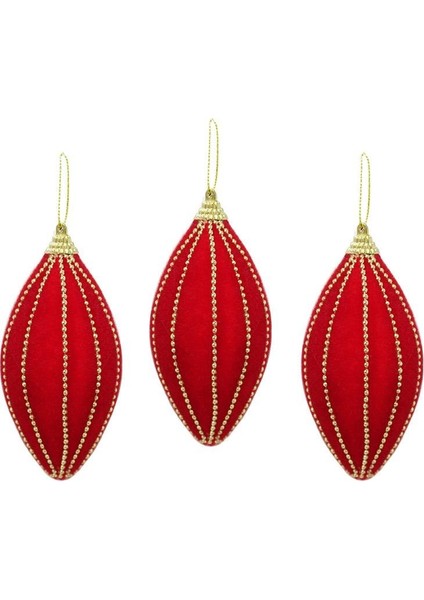 Kadife Yılbaşı Ağaç Süsü – Altın Boncuk Detaylı Damla Dekoratif Süs Kırmızı 8 cm 3'lü fiyatları