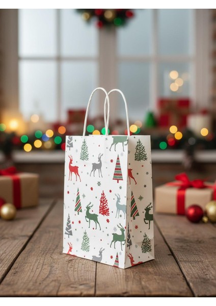 Yılbaşı Temalı Desenli Karton Çanta Hediye Çanta Seti Beyaz – 12 Parça 16X22X8 CM