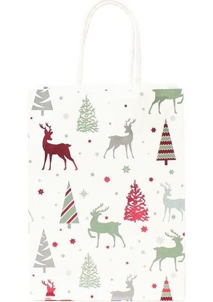 Yılbaşı Temalı Desenli Karton Çanta Hediye Çanta Seti Beyaz – 12 Parça 16X22X8 CM modelleri