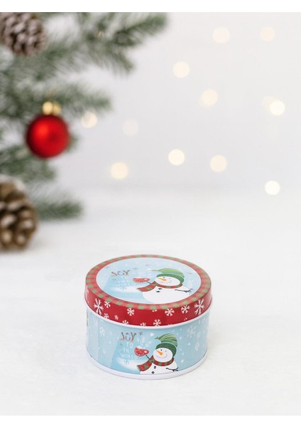 Yılbaşı Temalı Mini Yuvarlak Teneke Kutu Kardan Adam Desenli Beyaz 5 cm
