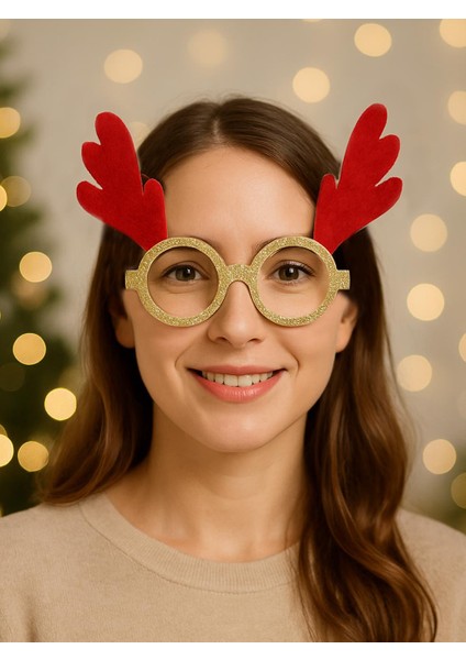 Yılbaşı Kırmızı Geyik Boynuzlu Parti Gözlüğü – Altın Simli Kostüm Aksesuarı