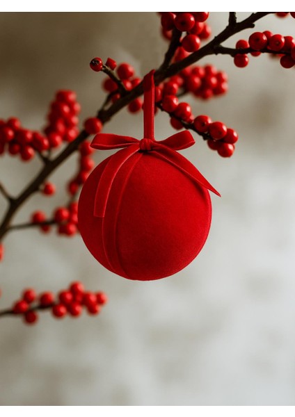 Kadife Fiyonk Detaylı Yılbaşı Ağacı Süsü – Lüks Dekoratif Top Seti Kırmızı 2'li 10 cm