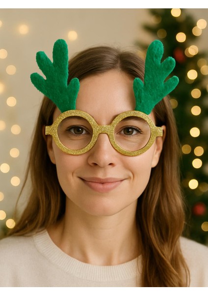 Yılbaşı Yeşil Geyik Boynuzlu Parti Gözlüğü – Altın Simli Kostüm Aksesuarı