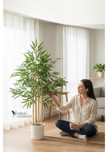 Beyaz Renkli Saksıda 100 cm 4 Gövde Yoğun Yaprak Yapay Bambu Ağacı