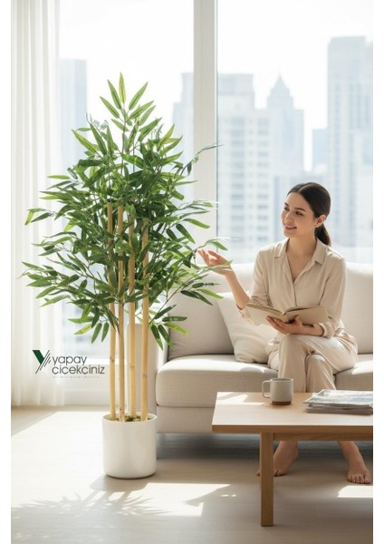 Beyaz Renkli Saksıda 100 cm 4 Gövde Yoğun Yaprak Yapay Bambu Ağacı fiyatları