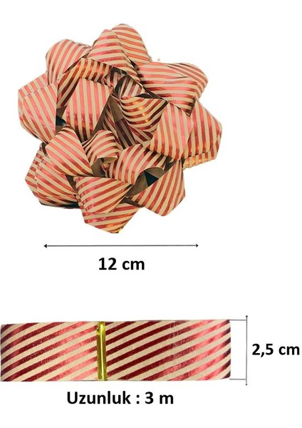 Hediye Paketleme Seti Kağıt Fiyonk ve Kurdele Kırmızı-Kraft Çizgili 2'li modelleri
