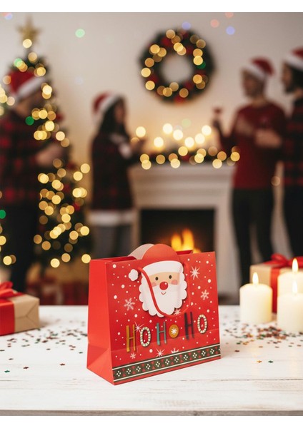 Yılbaşı Temalı Noel Baba Desenli Hediye Çantası 25X20X11 cm Kırmızı