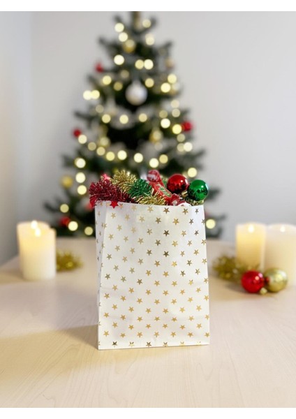 Altın Yıldız Desenli Kese Kağıdı Yılbaşı Hediye Ambalajı Beyaz 24 cm 50'li