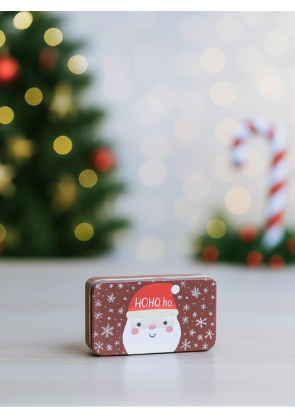 Yılbaşı Temalı Mini Dikdörtgen Teneke Kutu Noel Baba Desenli Bordo 11 cm