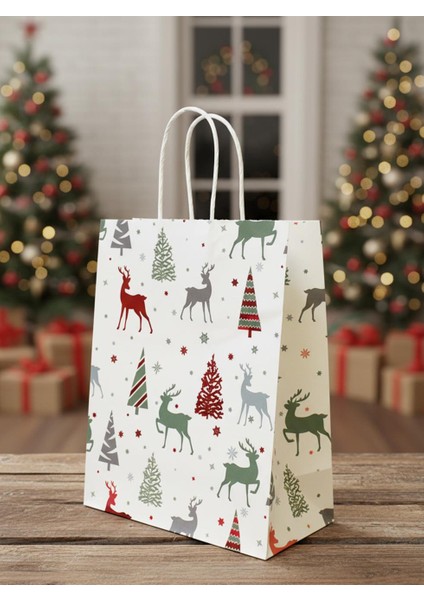 Yılbaşı Temalı Desenli Karton Çanta Hediye Çanta Seti Beyaz – 12 Parça 22X27X11 CM