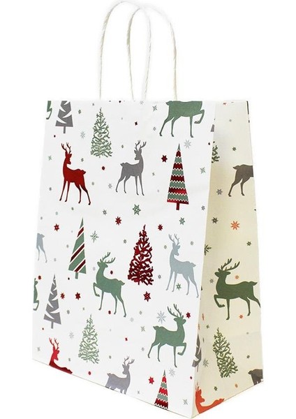 Yılbaşı Temalı Desenli Karton Çanta Hediye Çanta Seti Beyaz – 12 Parça 22X27X11 CM modelleri