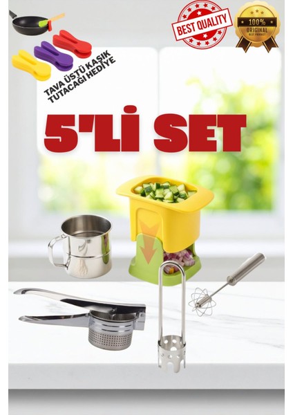 5'li Paslanmaz Mutfak Seti: Narenciye Sıkacağı, Doğrayıcı, Çırpıcı, Elek, Oyacak +Kaşık Tutucuhediye