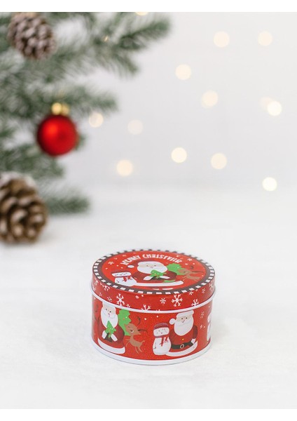 Yılbaşı Temalı Mini Yuvarlak Teneke Kutu Noel Baba Desenli Kırmızı 5 cm