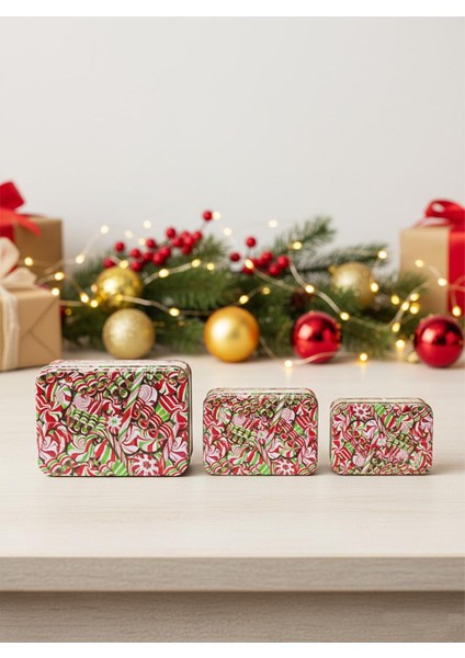 Yılbaşı Temalı Mini Teneke Kutu Seti Baston Şeker Desenli Kırmızı 3'lü