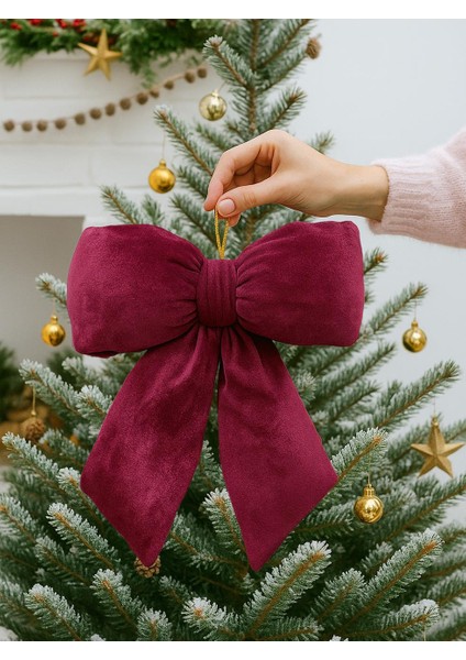 Yılbaşı Ağaç Süsü Kadife Fiyonk Elyaf Dolgulu Kurdele Dekor Süsü Bordo 26 cm
