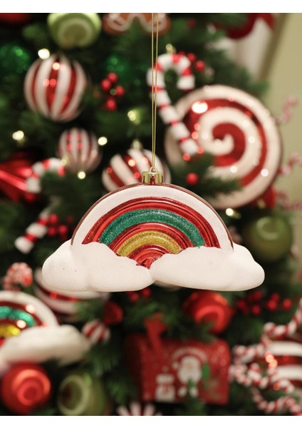 Yılbaşı Ağaç Süsü Gökkuşağı ve Bulut Detaylı Simli Dekor Kırmızı 20 cm