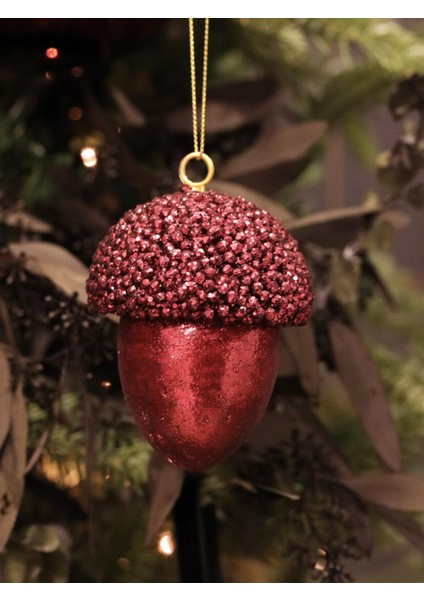 Yılbaşı Ağaç Süsü Meşe Palamudu Asılabilir Lüks Dekoratif Süs Bordo 10 cm