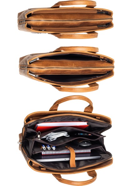 Grandora %100 Hakiki Deri 15.6 Inç Laptop Evrak Çantası – 3 Bölmeli, Havuz Fermuarlı