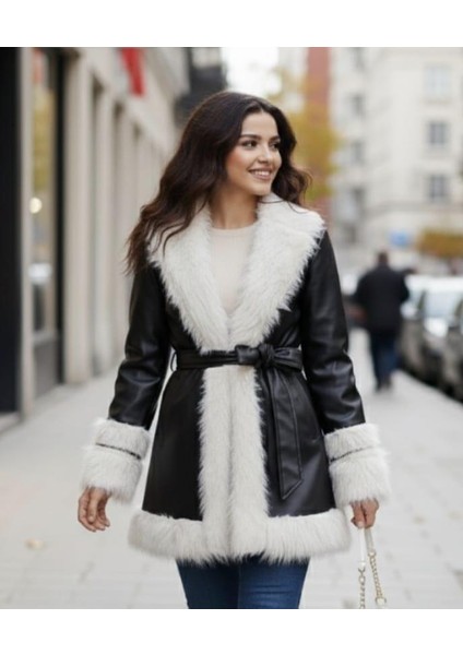 Kadın Tüylü Kemerli Içi Astarlı Deri Siyah Ceket