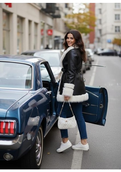 Kadın Tüylü Kemerli Içi Astarlı Deri Siyah Ceket fiyatları