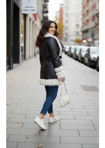 Kadın Tüylü Kemerli Içi Astarlı Deri Siyah Ceket modelleri