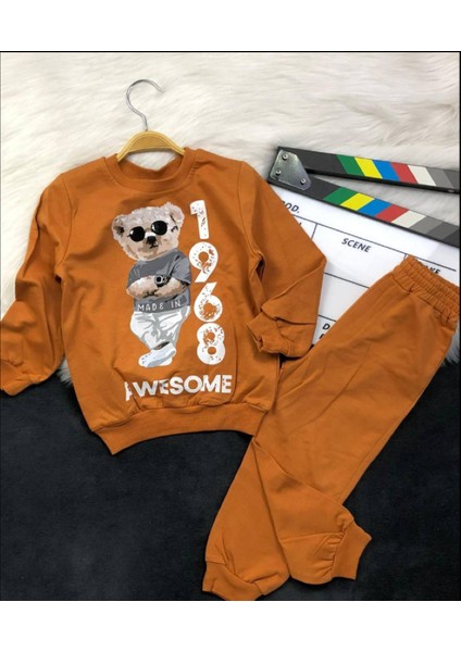 3-6 Yaş Ayıcık Baskılı Pamuklu Bisiklet Yaka Çocuk Eşofman Takımı | Mevsimlik