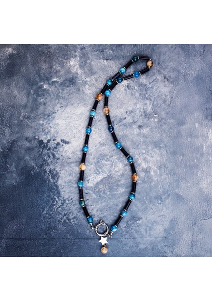 Yıldız Taşı, Apatit, Sitrin ve Çelik Boncuk Doğal Taş Kadın Kolye