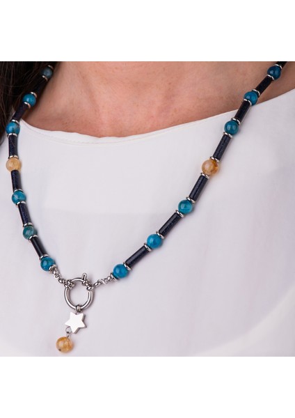 Yıldız Taşı, Apatit, Sitrin ve Çelik Boncuk Doğal Taş Kadın Kolye modelleri