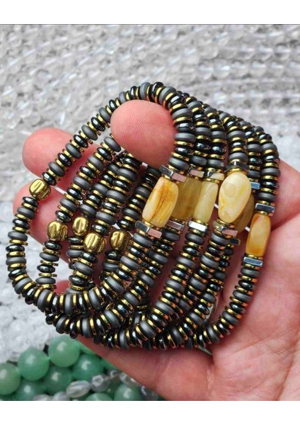 Damla Kehribar Erkek Bilekliği Hematit Taş Tasarımlı